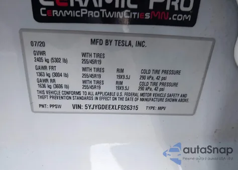 2020 Tesla Model Y Long Range Dual Motor All-Wheel Drive z USA, uszkodzony, nr VIN 5YJYGDEEXLF026315